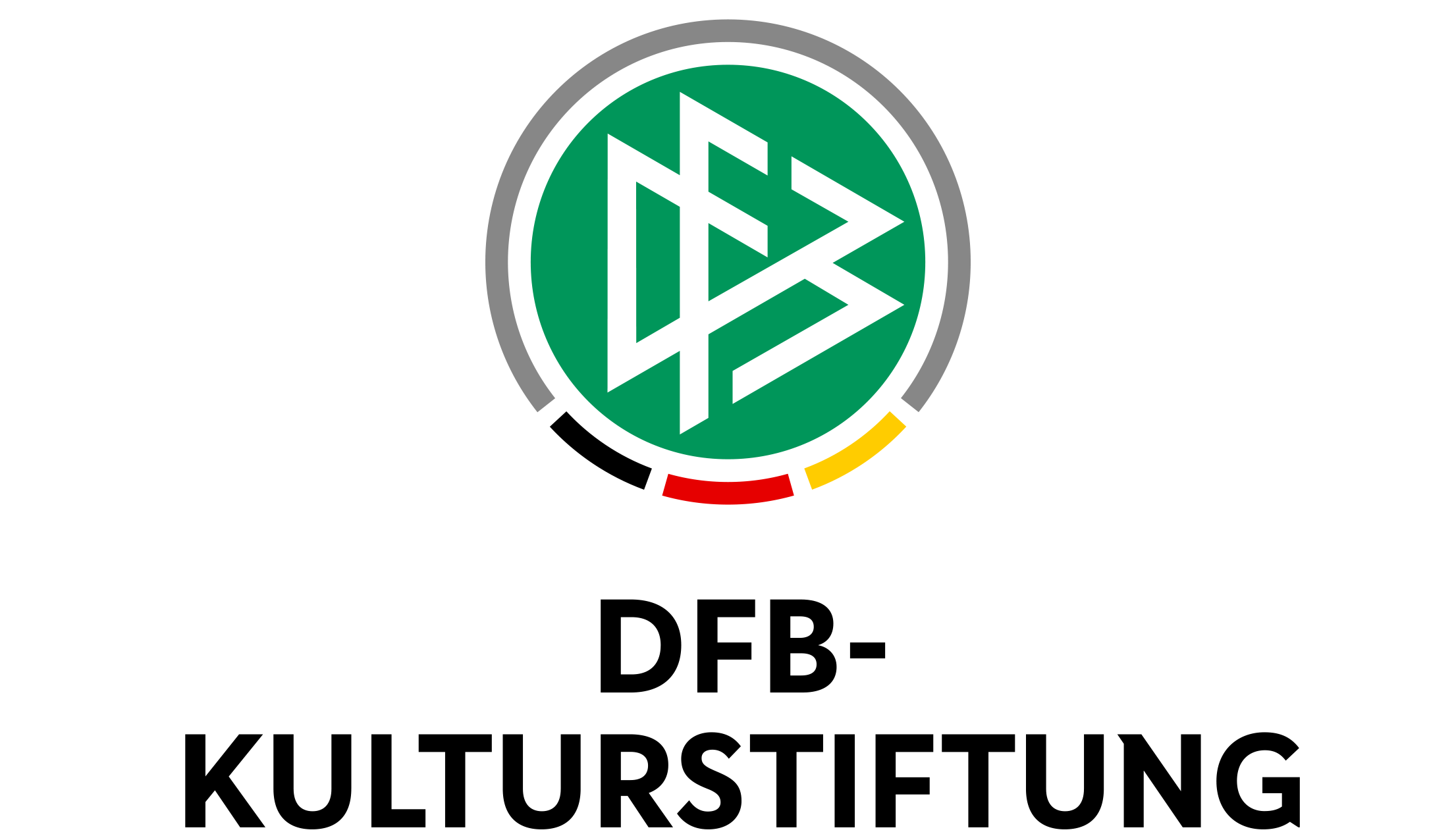 Logo of the DFB Culture Foundation - a green circle with stilised Letters DFB sourrounded by a grey line with lines in black-red-gold at the bottom. Underneath the name of the foundation